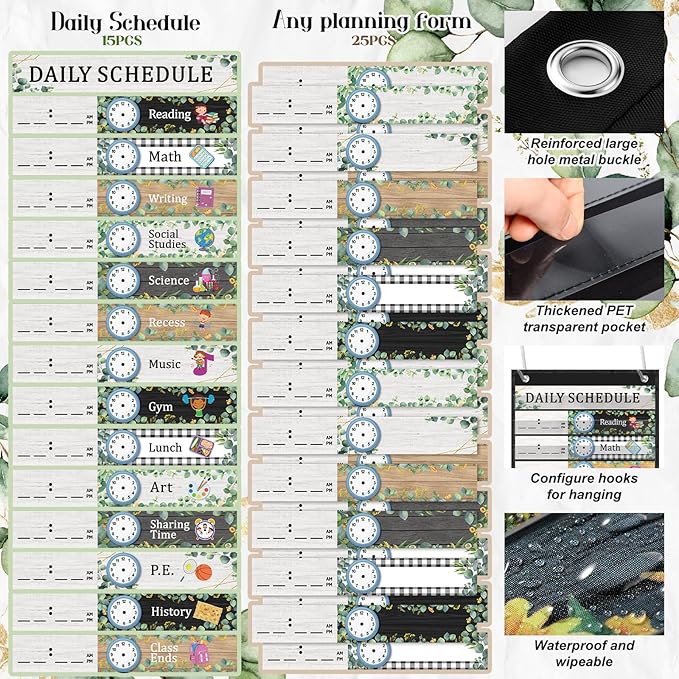 Chiisong Daily Schedule Pocket Chart, Boho 14+1 Pocket, with 40 Pcs Reusable Dry Eraser Cards Calendar for Classroom Toddler Schedule Chart Office Home Activity(Eucalyptus Style)