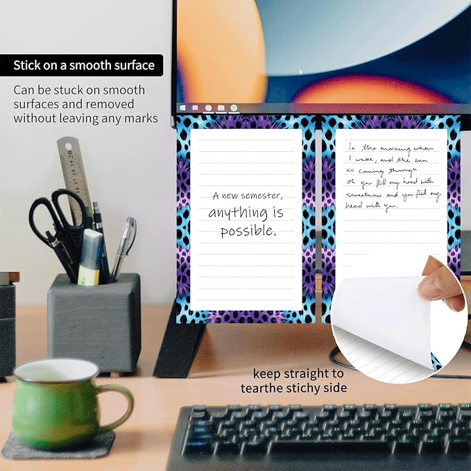 2 Pack Lined Sticky Notes 4x6 in, Cute Self-Stick Notepads with Lines, Large Memo Pads Strong Adhesive for Office, Home Purple Funny Leopard