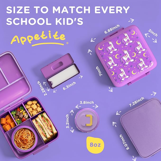 JXXM Bento Lunch Box for Kids With 8oz Soup thermo,Leak-proof Lunch Containers with 5 Compartment,thermo Food Jar and Lunch Bag, Food Containers for School (Purple Unicorn)