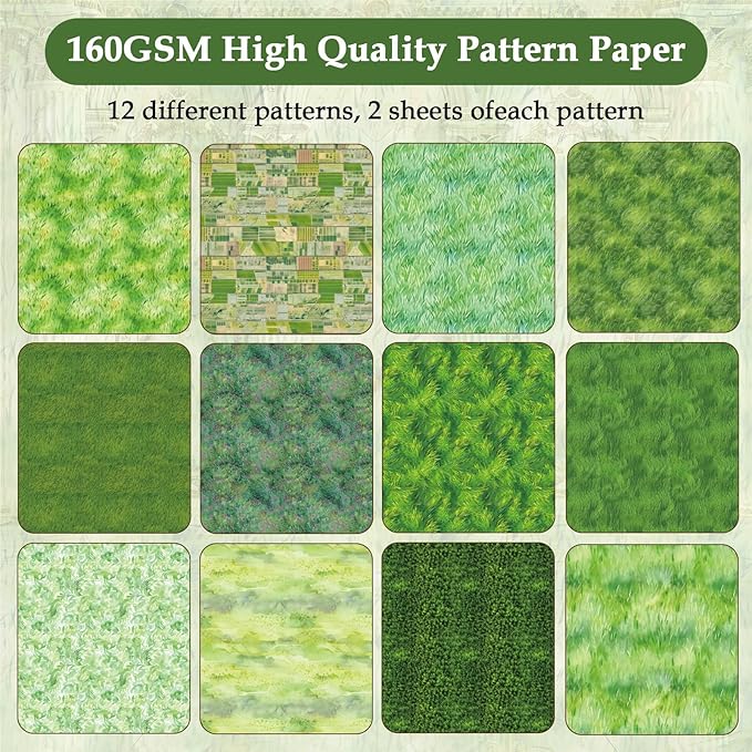 Scrapbook Paper,24 Sheets 6"x 6" Vintage Scrapbook Supplies,Single-Sided Pattern Decorative Cardstock Paper for Junk Journal,Card Making,DIY Album, Art Journaling,Decoupage Craft,Green Grassland