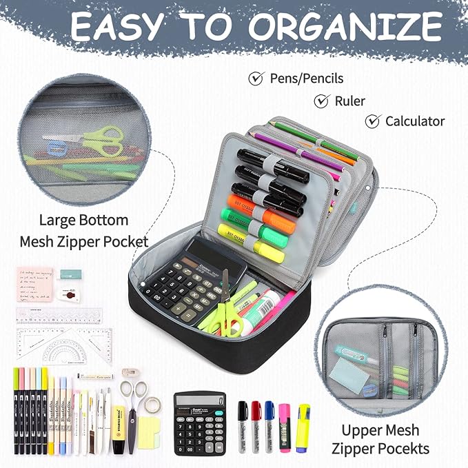 VASCHY Large Pencil Case, Art Color Pencils Pouch with Detachable Layers Multiple Zip Pockets for School Office Stationary Organization Black