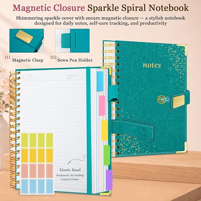 Spiral Notebook Journal 8.5''x 11'' 5 Subject Notebook with Dividers, 300 Pages Notebook College Ruled with Magnetic Closure, A4 Tabbed Notebooks for Work School, Sparkle Journal for Women (Cyan)