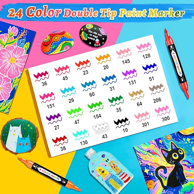 TBC The Best Crafts Acrylic Paint Markers for Teens, 24 Colors Dual Tip – Waterproof, Non-Toxic, Fast-Drying Art Pens for Rock Painting, Wood, Glass, Ceramic, Fabric – Birthday Crafts Gift for Teens