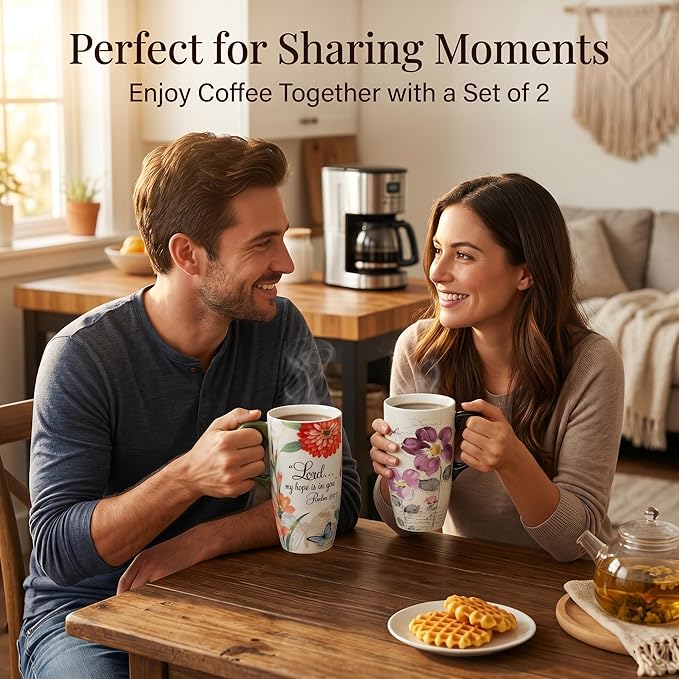 Topadorn 2-Pack 17oz Ceramic Travel Coffee Mugs with Lids, Floral Psalm Design, Microwave & Dishwasher Safe, Gift Set for Women and Men