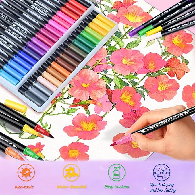48 Colors Dual Markers Brush Pens, Art Markers Colored Pens for Adult Coloring Books, Brush and Fine Point Dual Tip Artist Colored Marker Set