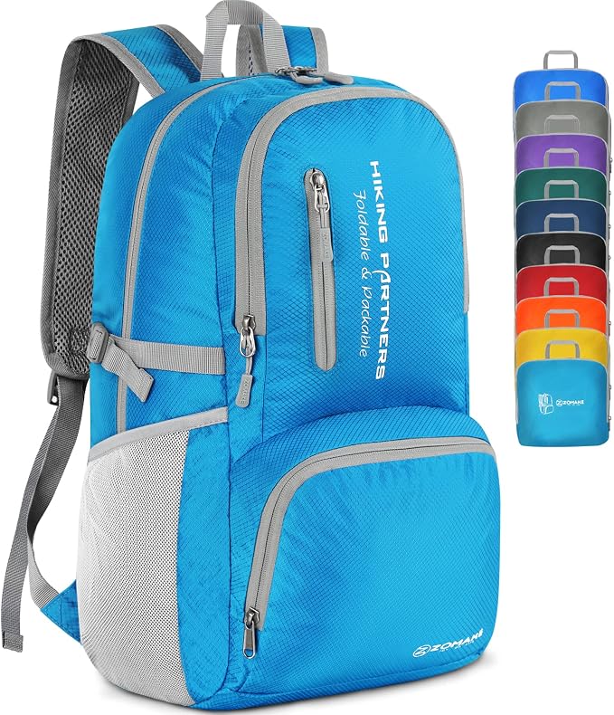 ZOMAKE Lightweight Packable Backpack, 35L Foldable Daypack (Light Blue) | Light Hiking Backpacks Water Resistant Collapsible Day Pack for Travel, Everyday Carry, Multi-Pocket Layout, Heavy Duty Nylon