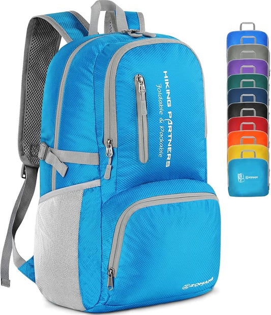 ZOMAKE Lightweight Packable Backpack, 35L Foldable Daypack (Light Blue) | Light Hiking Backpacks Water Resistant Collapsible Day Pack for Travel, Everyday Carry, Multi-Pocket Layout, Heavy Duty Nylon