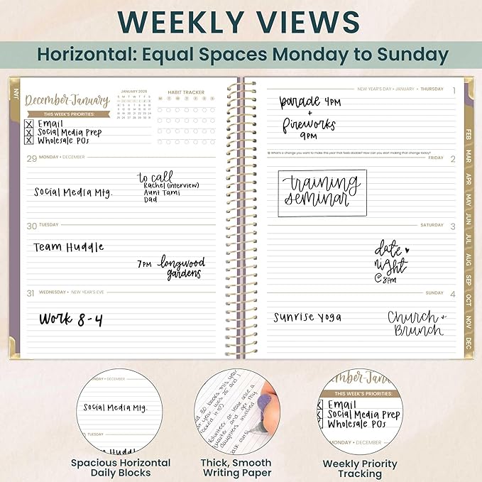 bloom daily planners HARDCOVER 2026 Planner for Women (January to December) - 8.5” x 11” Weekly & Monthly Dated Agenda Organizer Book with Stickers & Tabs - Purple Linen