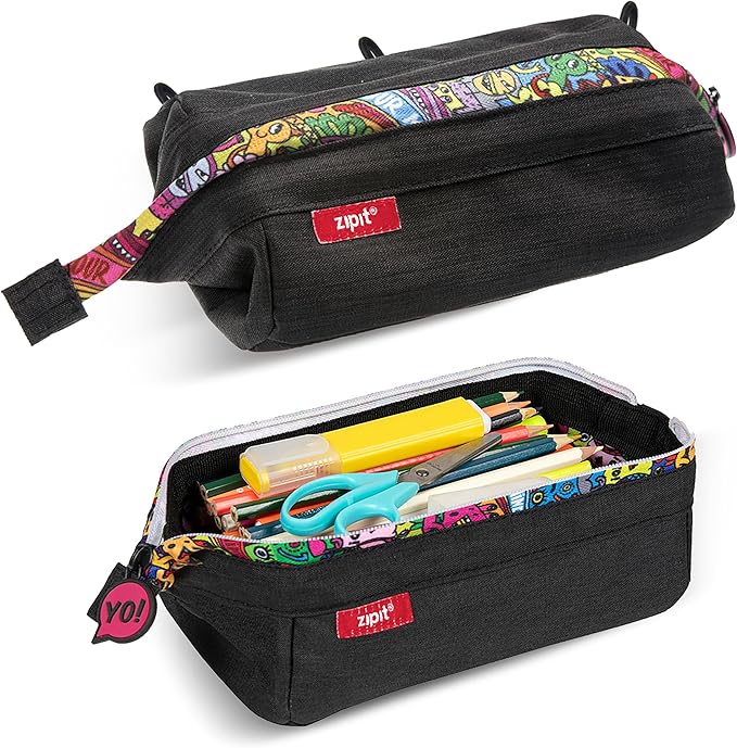 ZIPIT: Lenny Pencil Case - Black & Doodles - Large Storage Capacity Zipper Pouch, Makeup-Stationery Bag, School, Washable Polyester, Kids-Teens-Adults