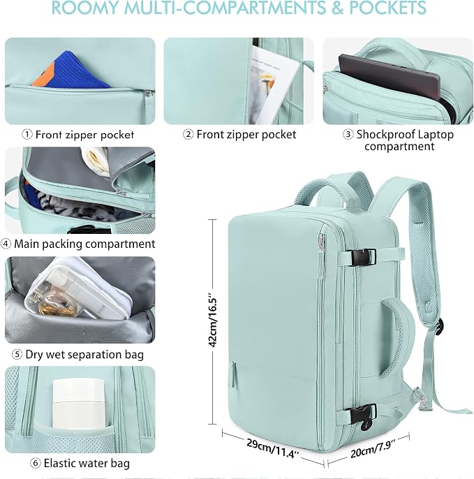 Beraliy Travel Backpack for Women, TSA Carry On Backpack Airline Approved | 16 Inch Laptop Waterproof Hiking Backpack, Casual Outdoor Daypack Bag for College Weenkender Business, Mint Green