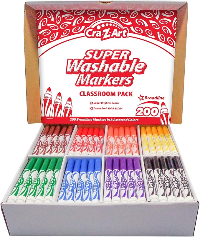 Cra-Z-Art Super Washable Broadline Markers Bulk Class Pack 200ct 8 Assorted Colors, 25 Broadline Markers in Each Color