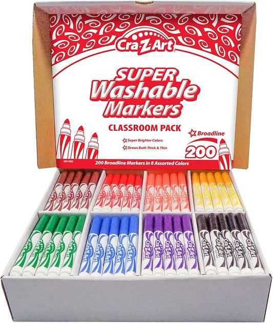 Cra-Z-Art Super Washable Broadline Markers Bulk Class Pack 200ct 8 Assorted Colors, 25 Broadline Markers in Each Color