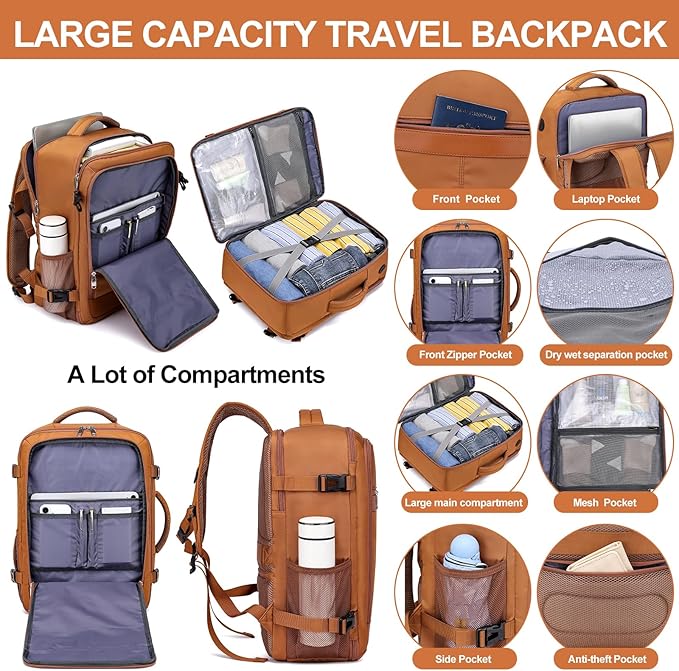 EZUOLA Carry On Backpack for Women,Travel Laptop Backpack Airline Approved,Underseat Personal Item Travel Bag With Shoe Compartment, Casual Daypack Gifts for Friend Weekend Business College,Brown