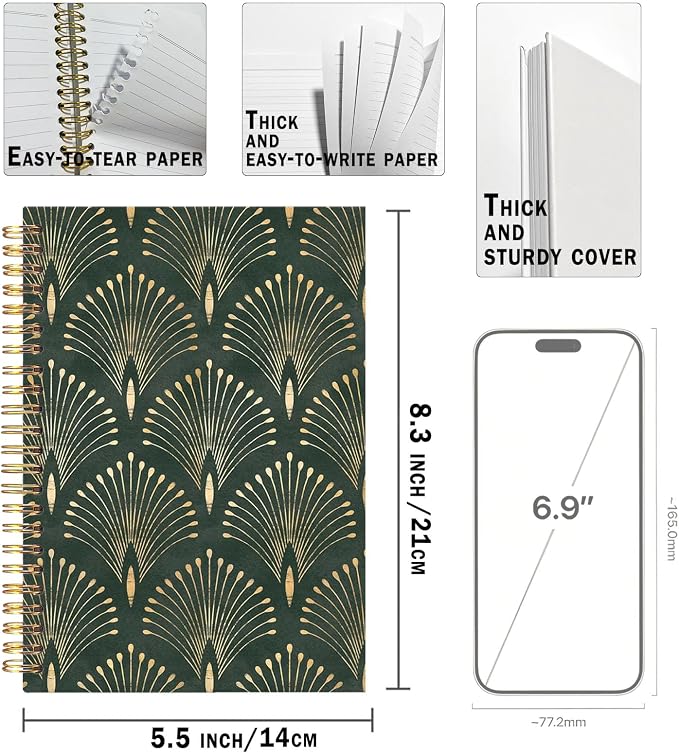 UTELKA Boho Green Notebook Dark Green Gold Journal, Vintage Gold Foil Spiral Journal Boho Notebook, Boho Gifts Notebook for Women Students Writers Artists 5.5x8.3