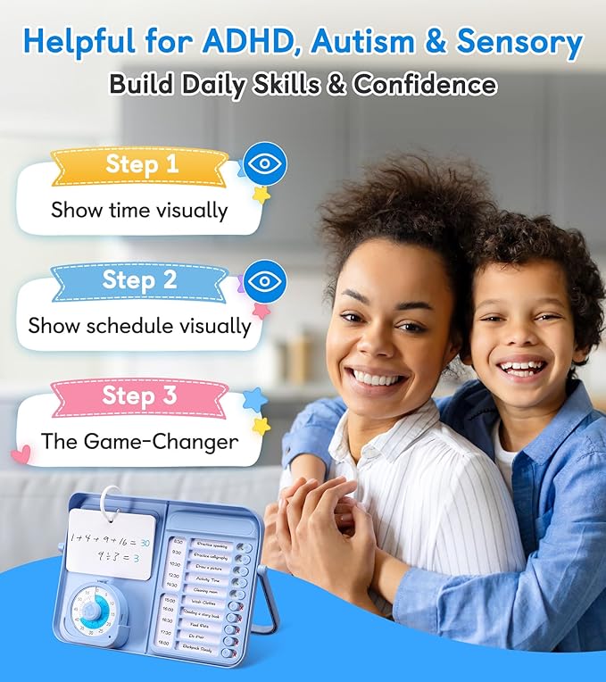 5-in-1 Visual Timer and Schedule Planner for Kids with ADHD & Autism – Learning Materials Bundle, Task Timer with Chore Chart Board for Kids, Sensory Products Toys for Home, School (100+ Cards)