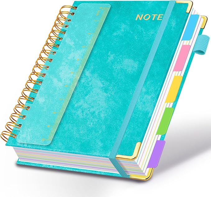 Hardcover Spiral Notebooks for Work 8.5''x 11'', 300 Pages 5 Subject Notebook with Dividers & Tabs, A4 Spiral Journal for Women, College Ruled Notebooks for School Note-Taking (Cyan)