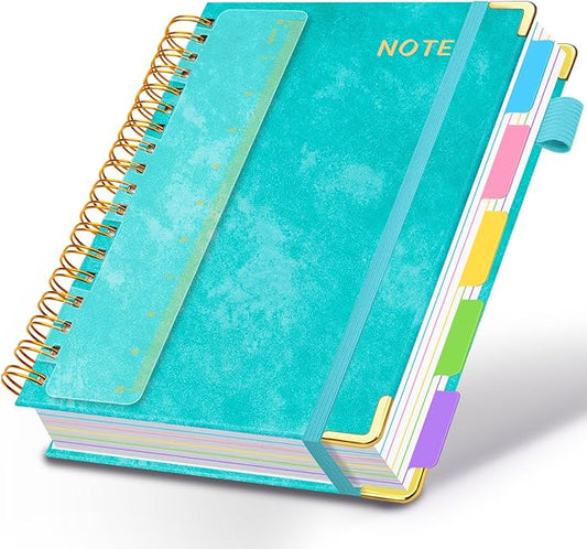 Hardcover Spiral Notebooks for Work 8.5''x 11'', 300 Pages 5 Subject Notebook with Dividers & Tabs, A4 Spiral Journal for Women, College Ruled Notebooks for School Note-Taking (Cyan)
