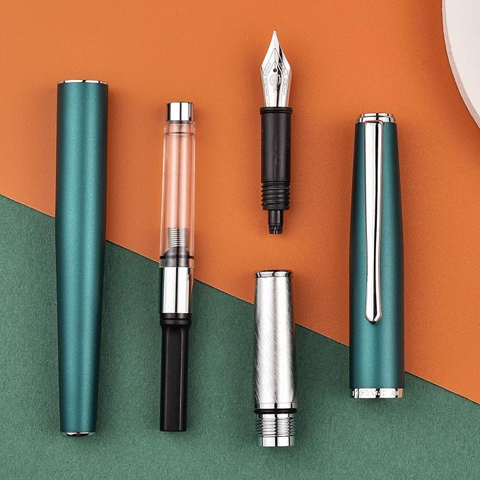 Hongdian 920 Green Metal Fountain Pen, Steel Fine Point Classic Pen, Includes Refillable Converter and Pen Pouch