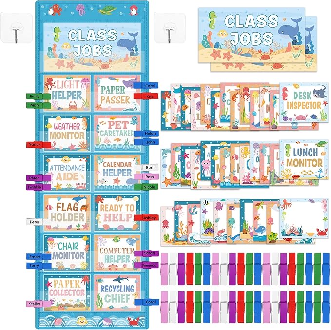 Blosssound Class Jobs Pocket Chart with 31 Cards 40 Colored Clips Classroom Teacher's Helper Management Educational Pocket Chart Bulletin Board Decorations Preschool Supplies(Ocean)