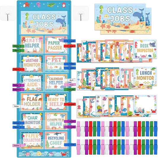 Blosssound Class Jobs Pocket Chart with 31 Cards 40 Colored Clips Classroom Teacher's Helper Management Educational Pocket Chart Bulletin Board Decorations Preschool Supplies(Ocean)