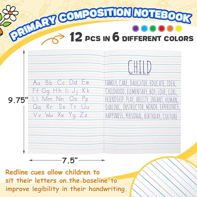 Henoyso 12 Pcs Primary Composition Notebook K-2, Wide Ruled 9.75" x 7.5" Journals, 60 Pages, Writing & Handwriting Practice for Kindergarten, 1st & 2nd Grade, Back to School Supplies (Stylish Color)