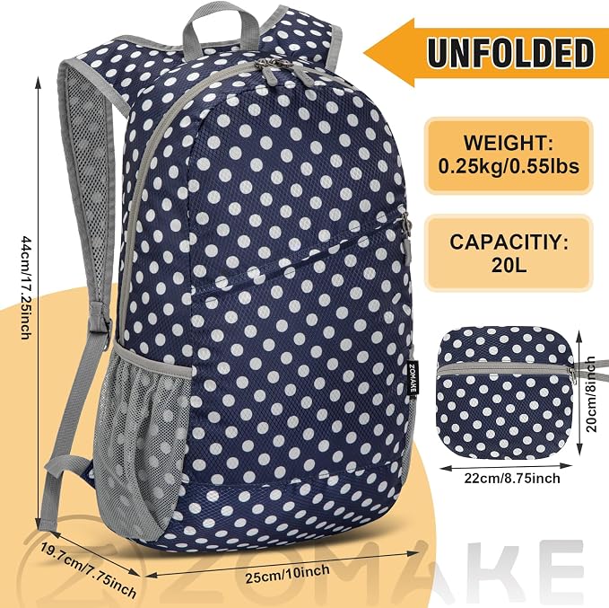 ZOMAKE Lightweight Packable Backpack 20L, Foldable Small Daypack for Hiking | Water Resistant Backpacks Day Bag for Travel Outdoor Camping Sport, Everyday Carry, Multiple Pockets(Blue, White Polka Dot)