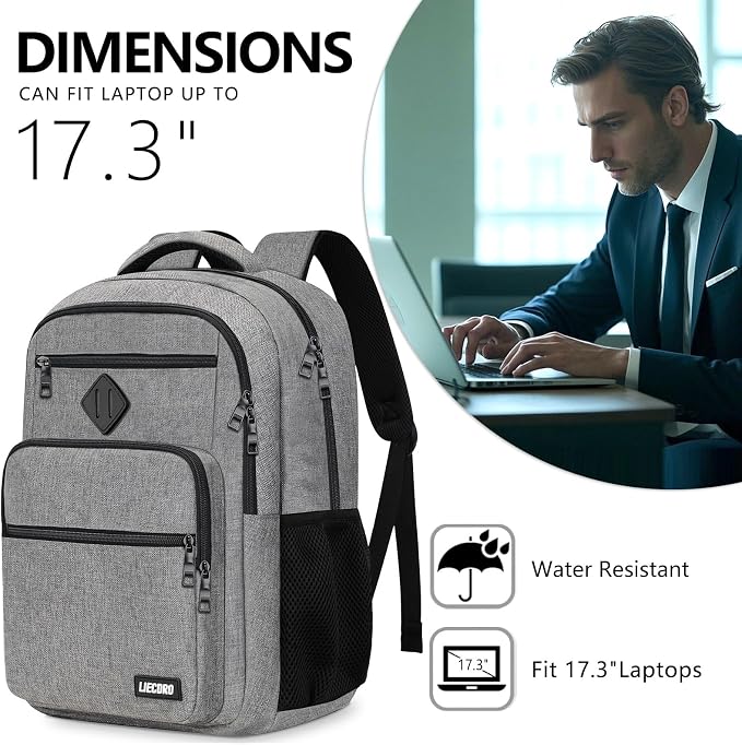 Grey Backpack for Men Women, School Backpack for Boys Girls Teens, 17.3 inch Laptop Back Pack with Reinforced Straps, Backpacks for School Business Work College Travel, College Book Bag, Bookbag
