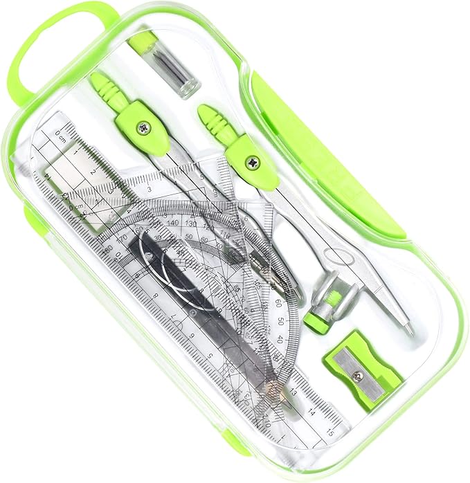 Vobou 10 Pieces Math Geometry Kit Set Student Supplies with Shatterproof Storage Box,Includes Rulers,Protractor,Compass,Eraser,Pencil Sharpener,Lead Refills,Pencil,for School and Drawings（Green）
