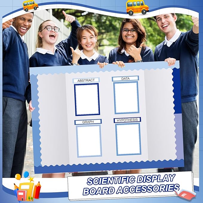 Fuyoooo 90 Pcs Science Fair Board Supplies 60 Trim Scalloped Bulletin Board Borders 24 Presentation Board Subtitles 6 Science Fair Titles for Classroom Display Boards (Blue Boho)