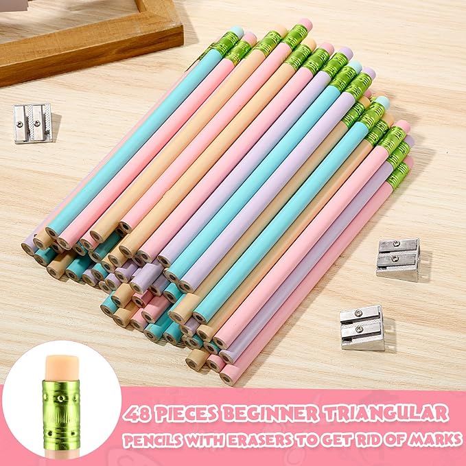 Fainne 48 Pcs Fat Pencils Jumbo Big Thick Large Pencils and 3 Pieces Sharpeners for Kids Beginners Preschoolers Kindergarten School Office Supplies(Pastel Color,Round)