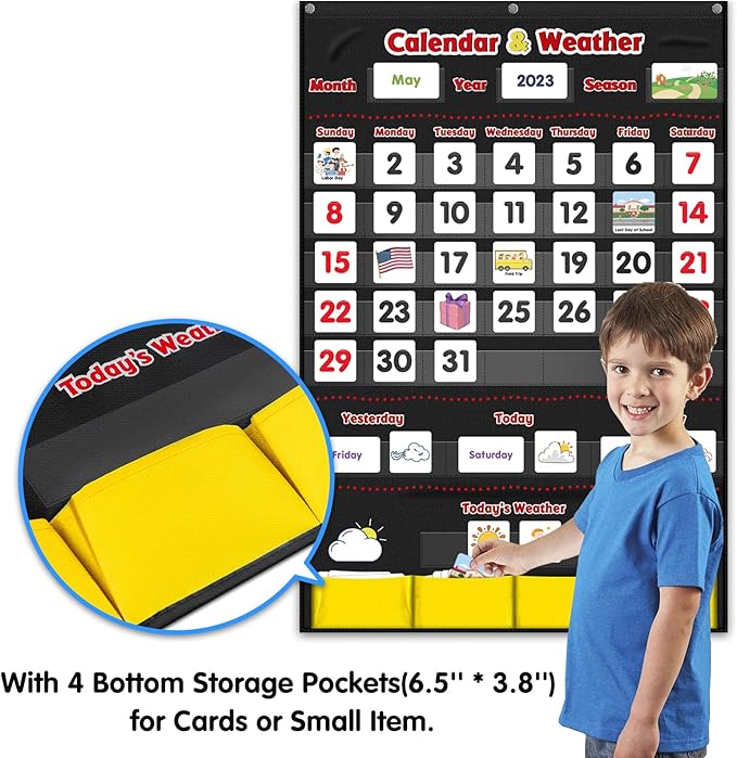 Calendar and Weather Pocket Chart, Classroom Organized Chart, 149 Pieces (Black)