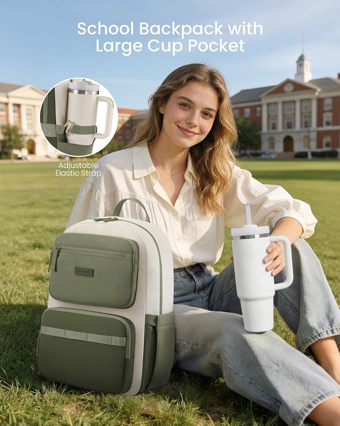 LOVEVOOK School Backpack for Teen Girls & Women,Laptop Backpack with Water Bottle Holder,Lightweight Work College Bookbag,Student Backpack for Middle High School,Green