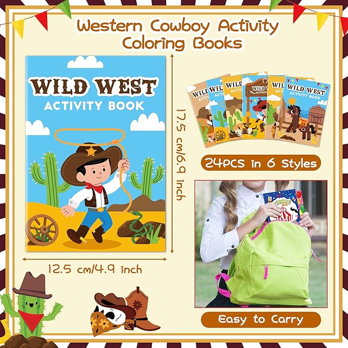 JAPBOR Western Cowboy Coloring Books - 24PCS Mini Wild West Theme Activity Color Book Bulk for Kid Party Favors, Cowgirl Horse Small Colouring Pages for Birthday Gifts Class Drawing Painting Game