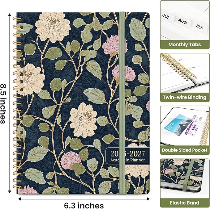 Planner 2026-2027, Academic Year Monthly and Weekly Calendar Planner, Jul 2026 - Jun 2027, Hardcover Teacher Student Planning Agenda book with Tabs, Perfect for School Office Supplies, 6.3" x 8.5" - Blush Vines