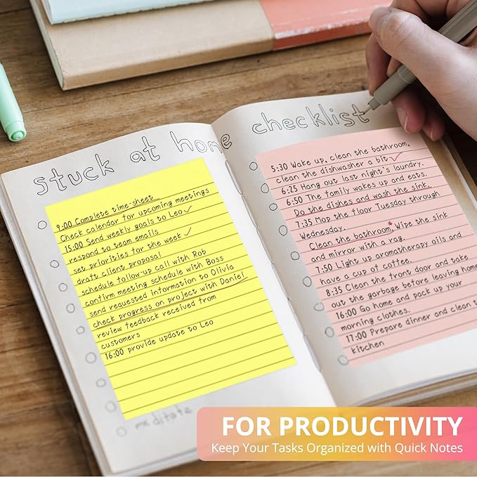 Lined Sticky Notes, 48 Pads, 4x6 Inches, Large Sticky Notes with Lines, Memo Note Pads in Multi Colors, 30 Sheets/Pad, Super Sticking Power for Office ＆ Home & Planning - Bright