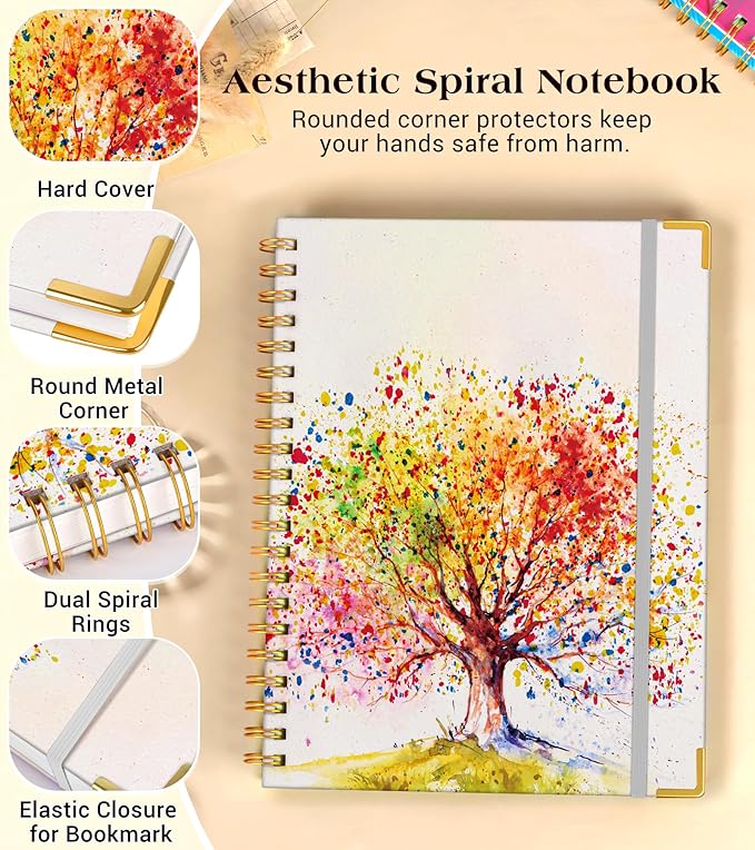 Lined Spiral Notebook Journal for Women, 150 Pages Cute Notebooks 5.75” x 8.38”, A5 Hardcover Spiral Journals with 100 GSM Thick Paper, College Ruled Notebook for Writing Work School, Colorful Tree of Life