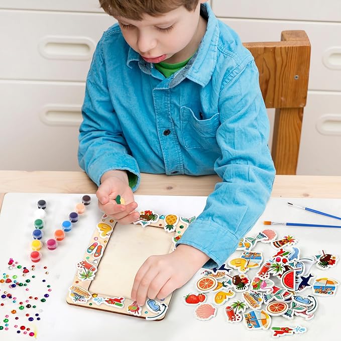 Fovths 6 Packs Summer Picture Frame Painting Craft Kit with 50 Stickers Rhinestone Stickers Painting Tools Set 2 Brushes for DIY Kids Crafts Decorate