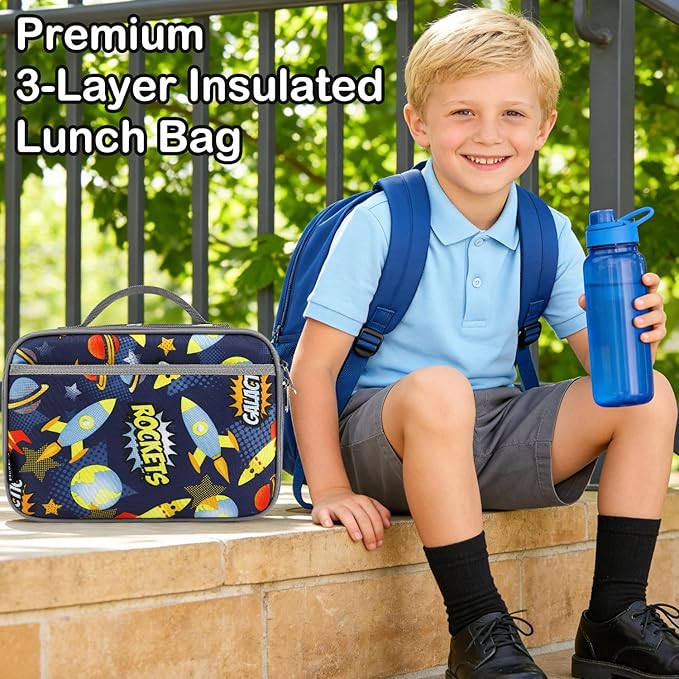 FlowFly Kids Lunch box Insulated Soft Bag Mini Cooler Back to School Thermal Meal Tote Kit for Girls, Boys, Outer Space Rocket Ships in Dark Navy Blue
