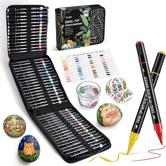 JusArt 48 Colors Acrylic Paint Markers Set with Canvas Bag, Dual Tips with Brush Tip & Fine Tip, No-Bleed, Waterproof, Non-Toxic & Odorless Paint Pens for Rock, Egg, Wood, Canvas, Glass, Ceramic, DIY
