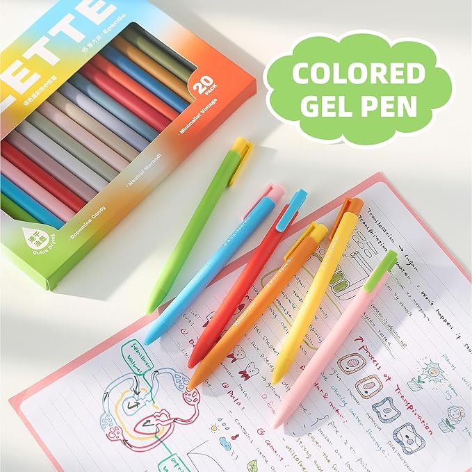 Gel Pens 20 Colors, Fine Point 0.7mm Pens for Journaling, Assorted Colored Pens Quick Dry No Smear, Aesthetic Stationery Pens for Note Taking Bullet Journal Planner