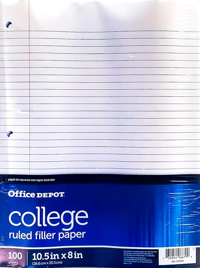 Office Depot Brand Filler Paper, College Ruled, 92 Brightness, 16 Lb, Pack of 100 Sheets