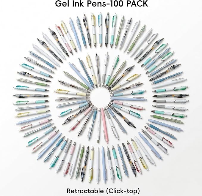 100 Pack Bulk Retractable Black Gel Ink Pens - Assorted Styles & Colors Mixed Wholesale Lot - Smooth Writing Click Pens for Office, School, and Home Supplies