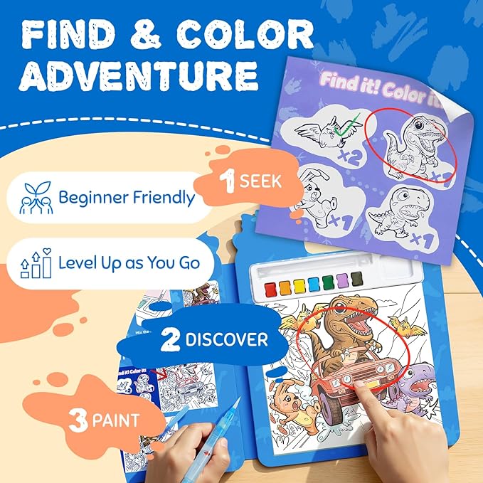 JoyCat Find & Color Paint with Water Coloring Books for Toddlers, Educational Seek and Find, No Mess Art & Craft Toy, Fun Learning Activity for Kids Ages 3-5 4-8, Gift for Girls Boys (Dinosaurs)