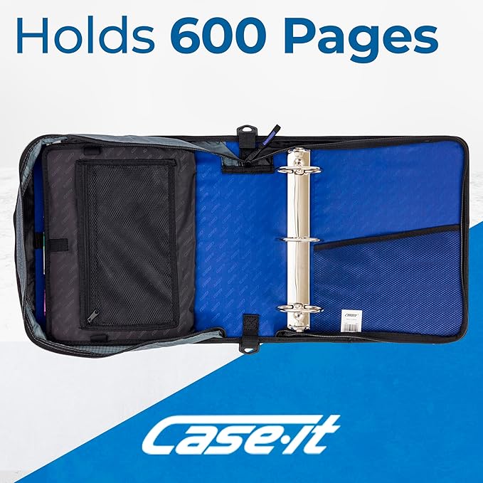 Case-it Mighty Zip Tab School Zipper Binder | 3-Inch O-Rings, 600-Sheet Capacity, 5-Subject Expanding File Folder, Multiple Pockets & Storage Organizer, Shoulder Strap | D-146 Midnight Blue