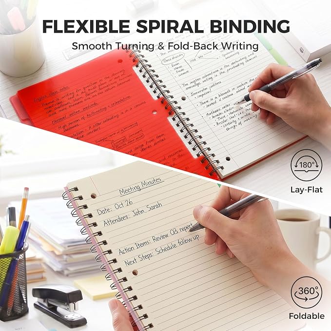 Koogel 5Subject Spiral Notebook with Tabs, Spiral Notebook Wide Ruled, Pink