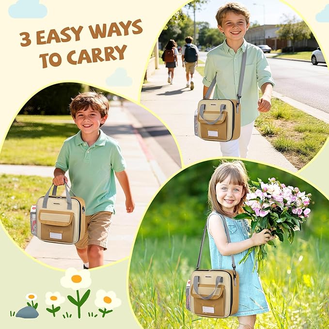 REDSHELL Tactical Lunch Box Kids, Large Insulated Lunch Bag for Boys Girls, Cooler Lunchbag, Square Toddler Lunchbox, School Daycare Lunch Tote Pail with Water Bottle Holder Shoulder Strap, Brown