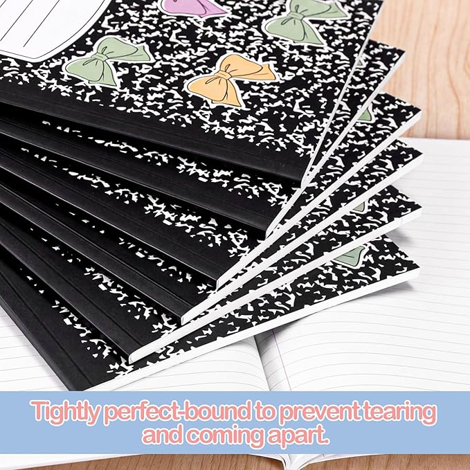 Eaasty Composition Notebook Wide Ruled Paper Assorted Marble Aesthetic Composition Notebook 100 Page 7.5" x 9.75" Journal Gift for Back to School First Day of School Students Teacher(6 Pcs,Bow)