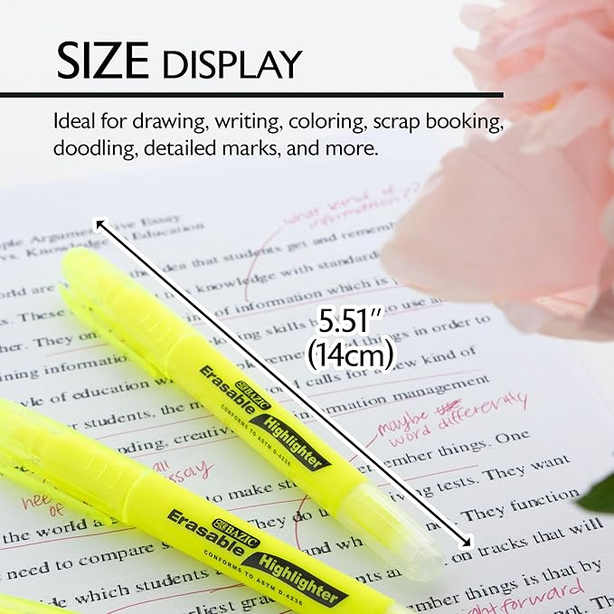 BAZIC PRODUCTS Erasable Highlighter, Chisel Broad Line Fine Point Highlighters, Unscented Highlighting Coloring Erase Marker (3/Pack), 144-Packs
