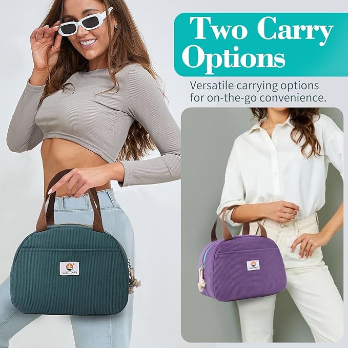CaCTOUR Lunch Box Lunch Bag for Women Girls Teens, Cute Lunch Box Cooler Bag, Portable Small Insulated LunchBox Reusable Corduroy Lunch Tote for Work/Travel/Picnic/School (Lake Green)