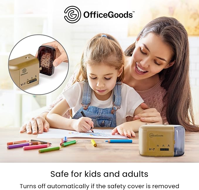 OfficeGoods Electric Pencil Sharpener - Battery or Cord Powered Portable Sharpener - Perfectly Sharpens Colored Pencils, Drafting Pencils for Kids, Adults, Office, School and Home - Gold